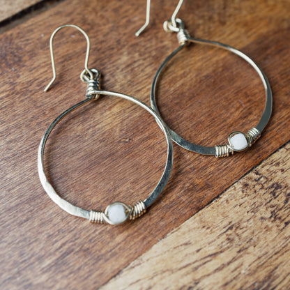 White Moonstone & Brass Hoop Earrings