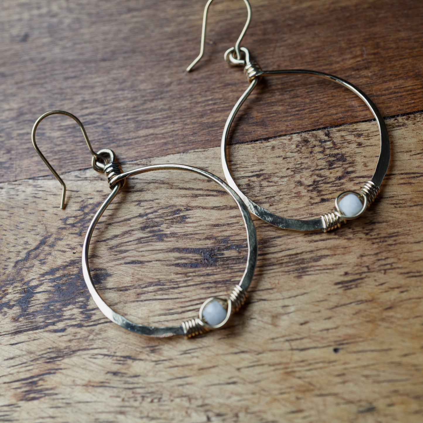 White Moonstone & Brass Hoop Earrings
