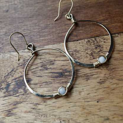 White Moonstone & Brass Hoop Earrings
